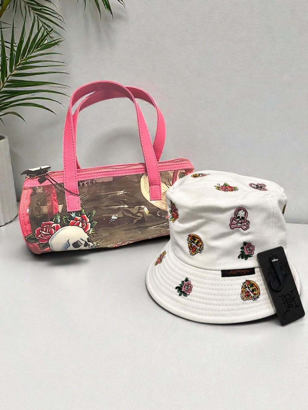 Ed Hardy Bucket Hat with Pink Tattoo Motif barrel mini tote